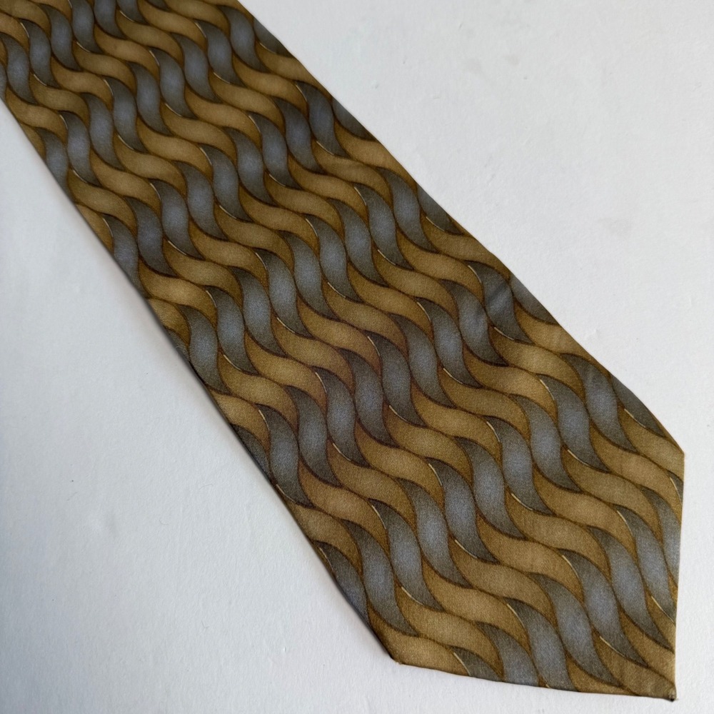 Bill Blass Vintage Silk Necktie Gold Gray Geometric Wave Pattern Retro 90s